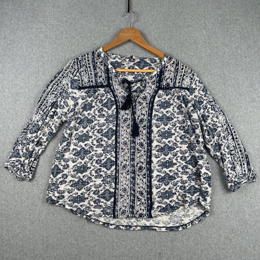 Lucky Brand Top Womens Large‎ Blue Paisley Tassel Peasant Blouse 3/4 Sleeve Boho